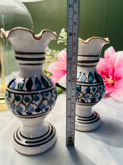 Hand Painted Pair Blue & White Ceramic Vases Approx. 15 cm