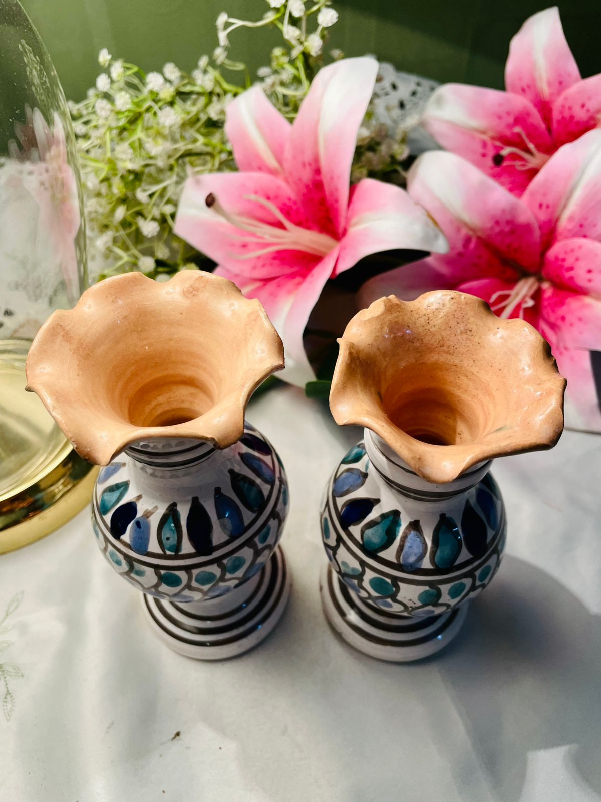 Hand Painted Pair Blue & White Ceramic Vases Approx. 15 cm