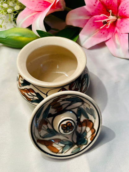 Hand Painted Floral Ceramic Lidded Pot Approx. 9 cm