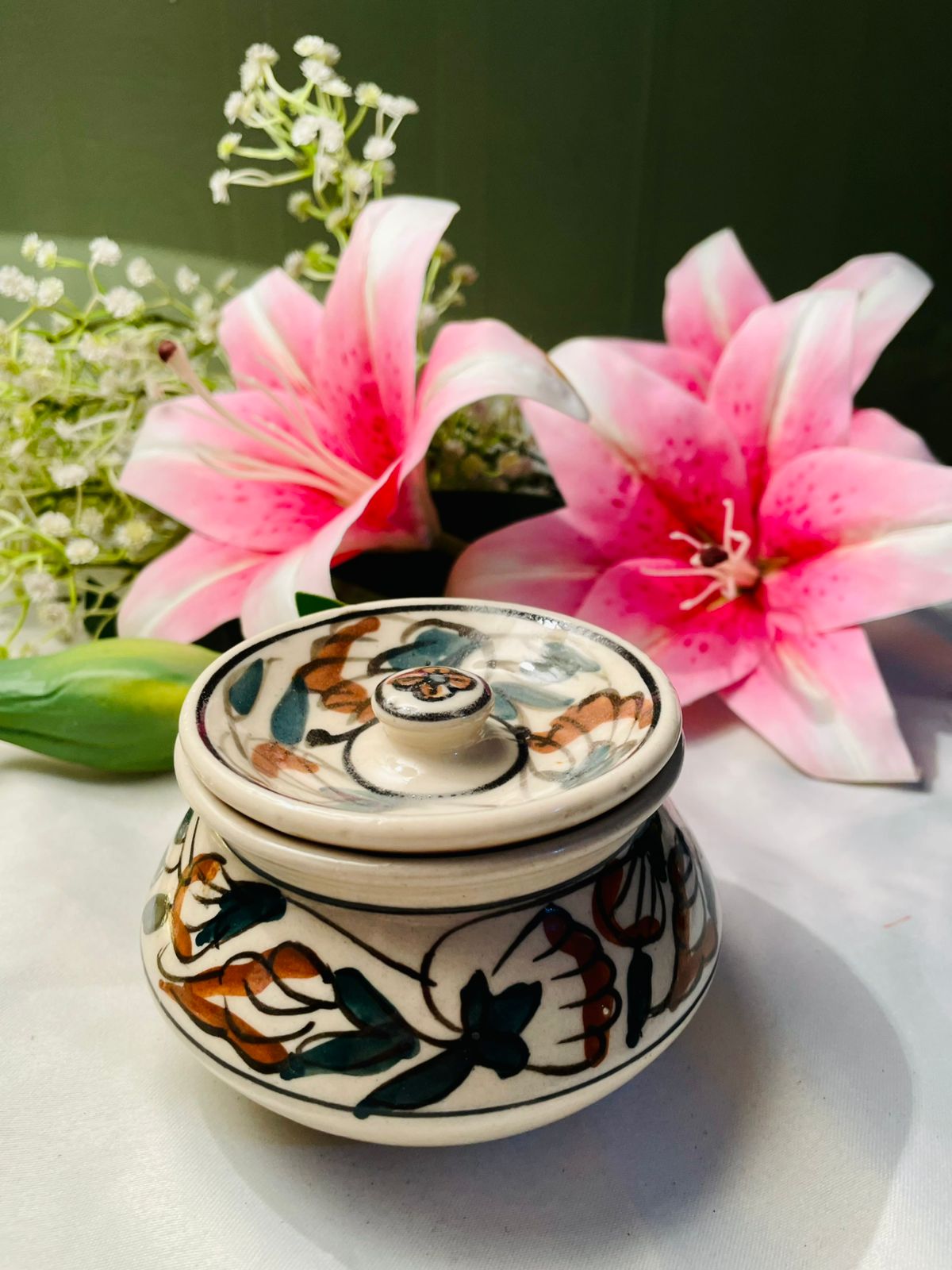 Hand Painted Floral Ceramic Lidded Pot Approx. 9 cm