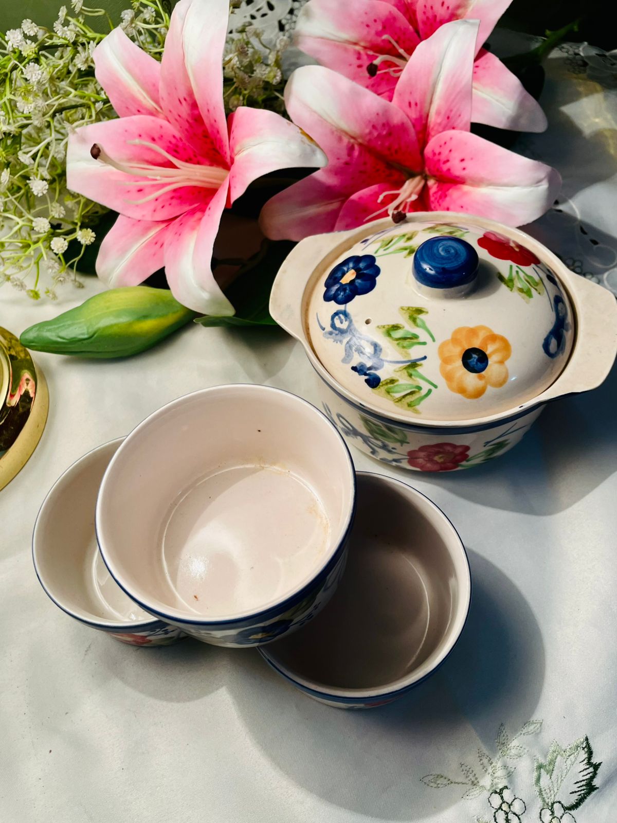 Hand Painted 5-Piece Floral Ceramic Oven-Safe Casserole & Bowl Set