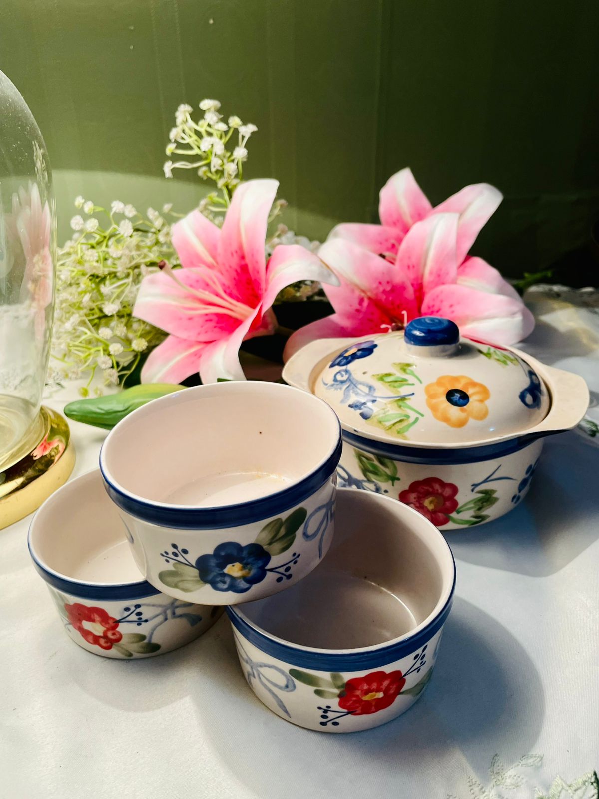 Hand Painted 5-Piece Floral Ceramic Oven-Safe Casserole & Bowl Set