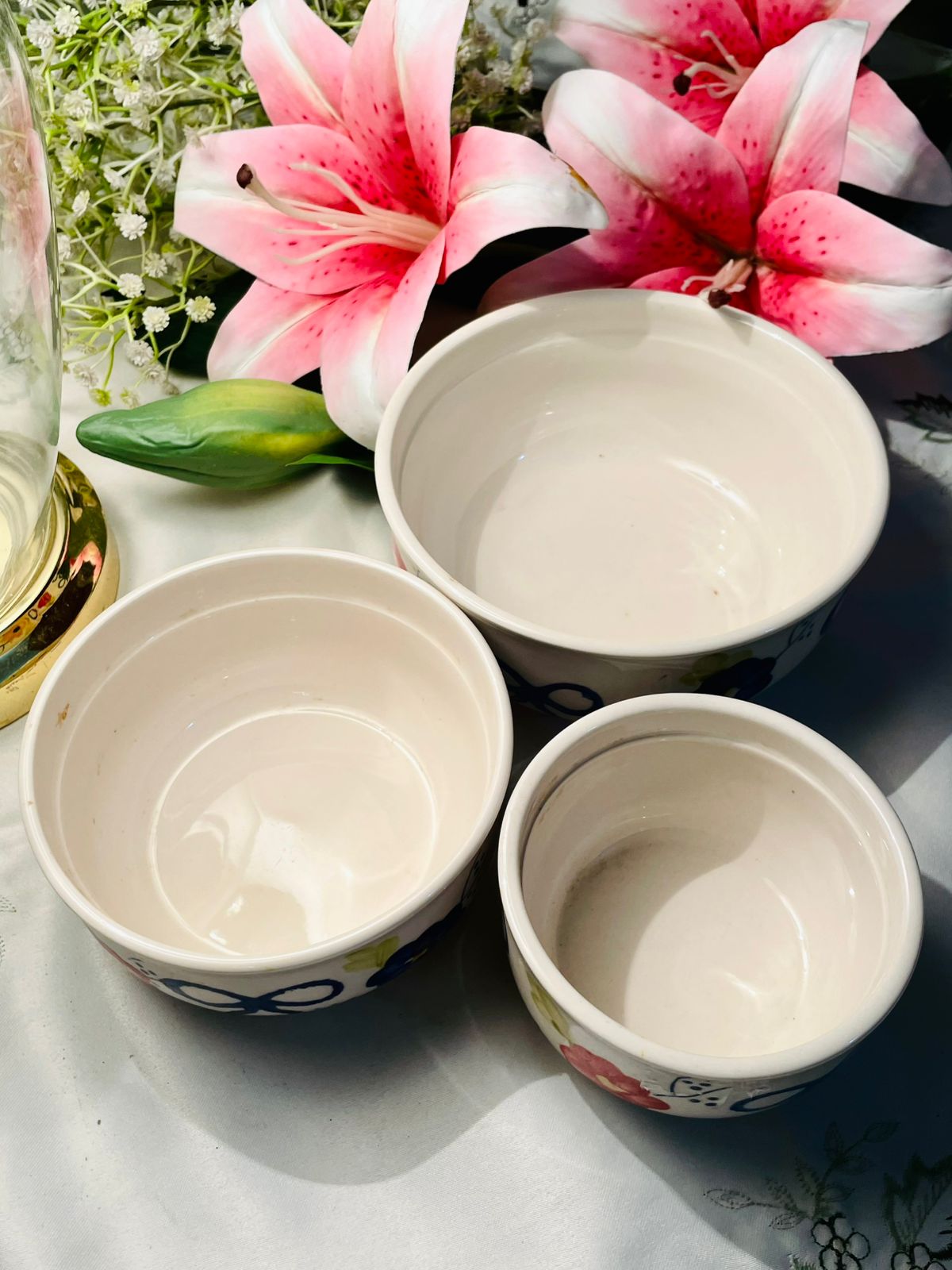 Hand Painted 3-Piece Floral Ceramic Serving Bowl Set Approx. 10–15 cm