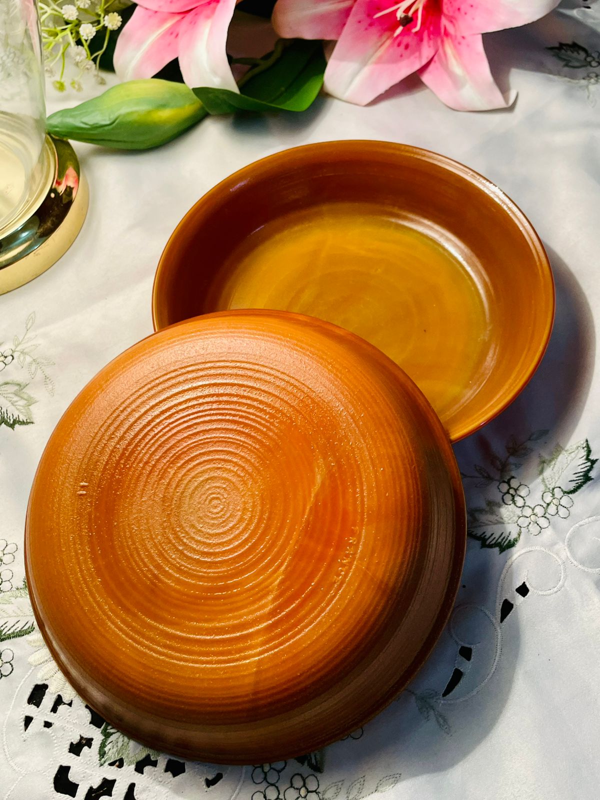 Pair Amber Brown Ceramic Serving Bowls Approx. 19 cm