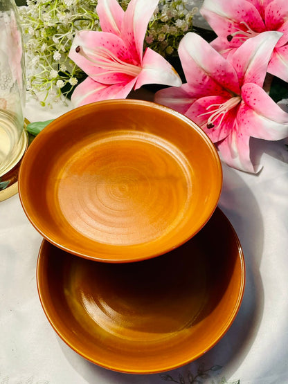 Pair Amber Brown Ceramic Serving Bowls Approx. 19 cm