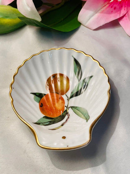Royal Worcester Fruit Motif Ceramic Shell Dish with Gold Rim Approx. 12 cm