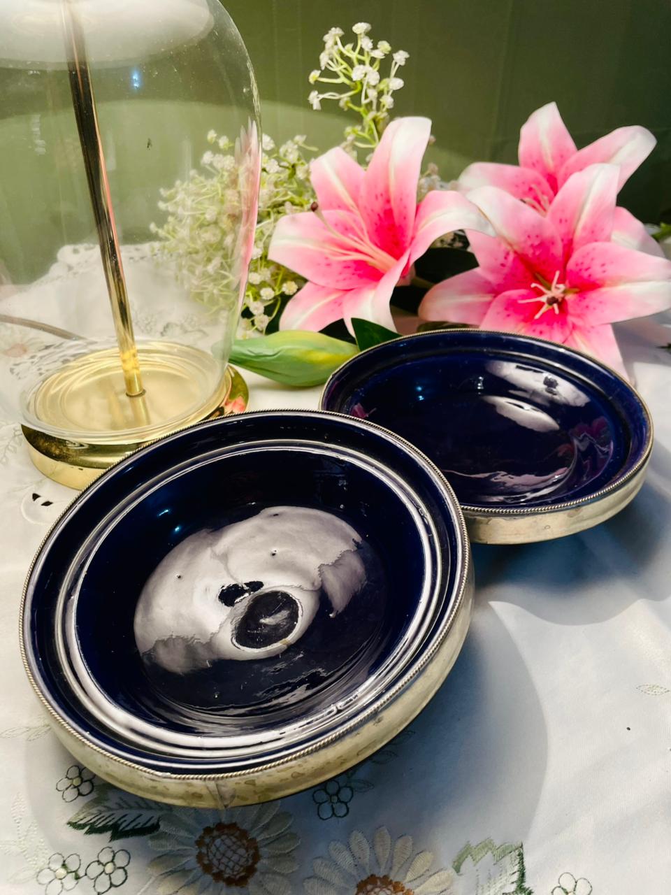 Cobalt Blue Silver-Tone Rim Serving Bowls – Set of 2