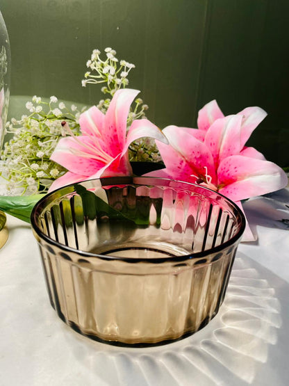 Smoky Brown Ribbed Crystal Serving Bowl – 14cm
