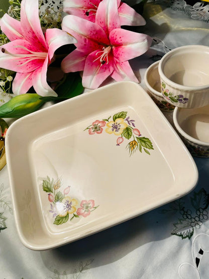 Floral Oven-Safe Baking Dish & Ramekins – 4 Piece Set