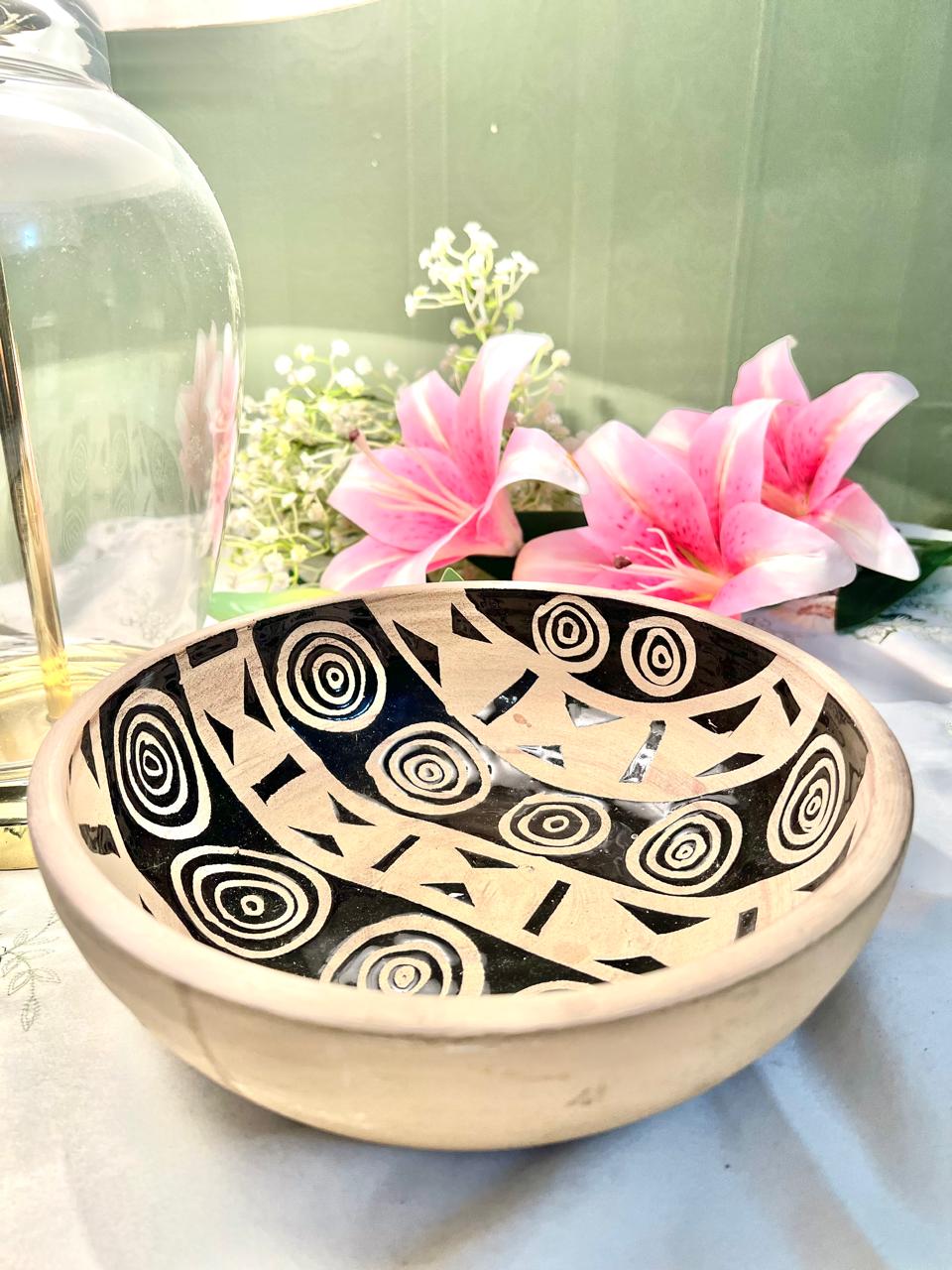 Vintage Hand Painted Black & Beige Geometric Serving Bowl 9