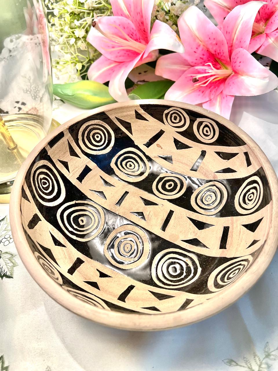 Vintage Hand Painted Black & Beige Geometric Serving Bowl 9