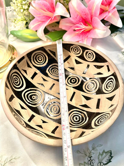Vintage Hand Painted Black & Beige Geometric Serving Bowl 9