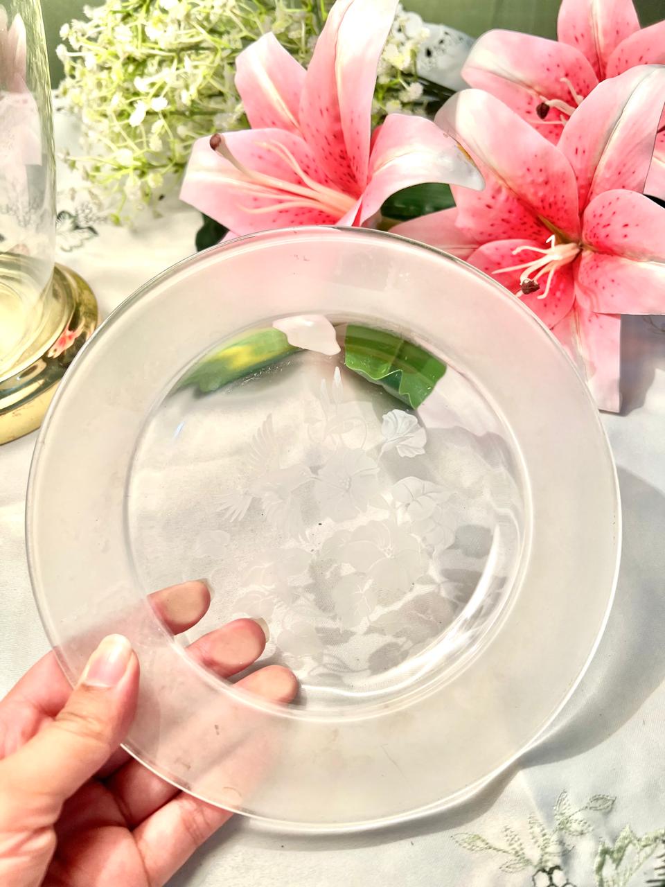 Vintage Clear Crystal Plate Etched Bird & Floral Design 8