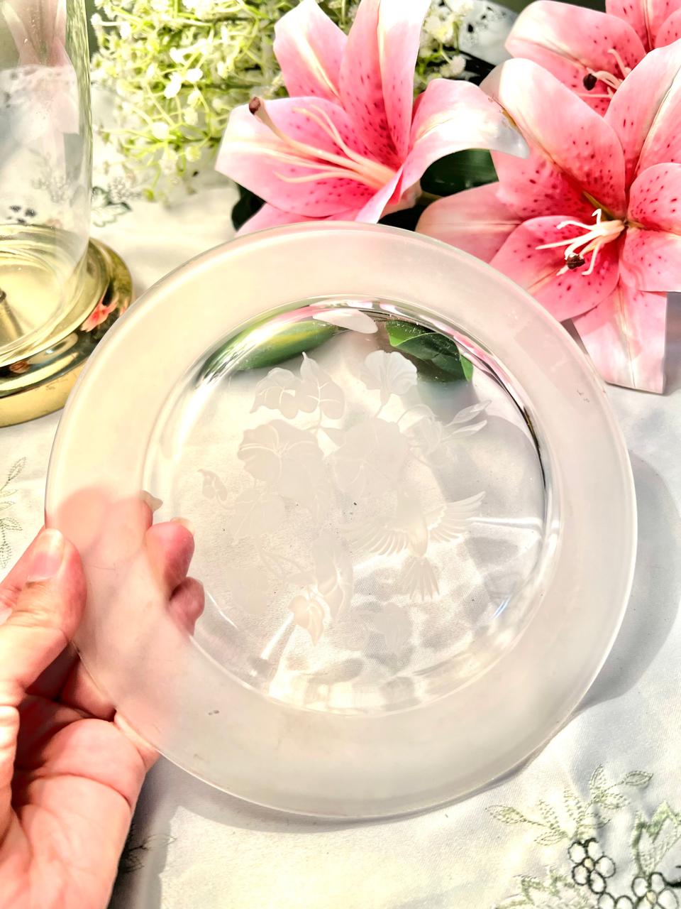 Vintage Clear Crystal Plate Etched Bird & Floral Design 8