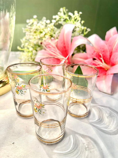Vintage Floral Clear Crystal Tumblers Gold Trim Set of 4