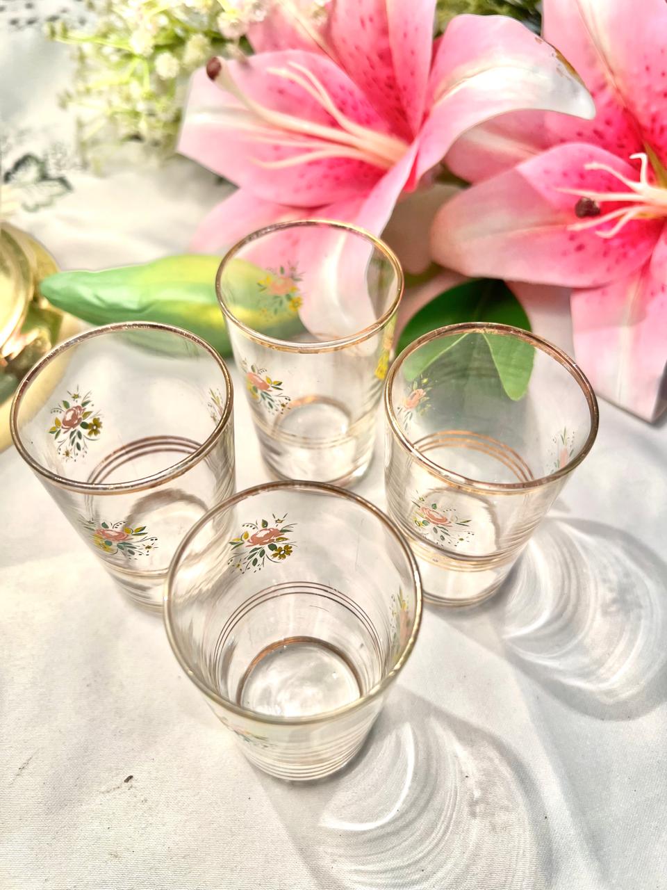 Vintage Floral Clear Crystal Tumblers Gold Trim Set of 4