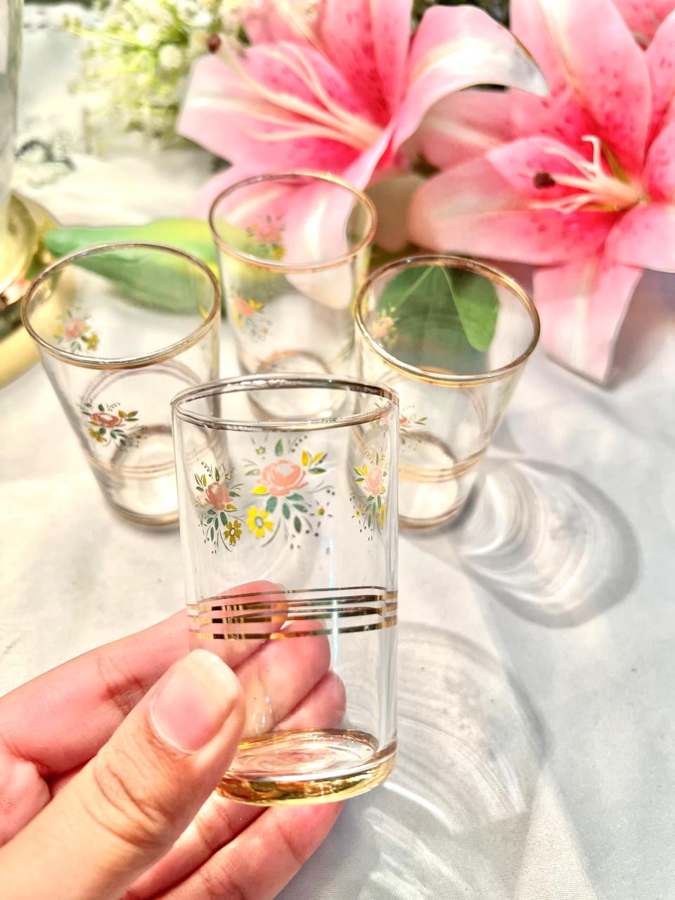 Vintage Floral Clear Crystal Tumblers Gold Trim Set of 4