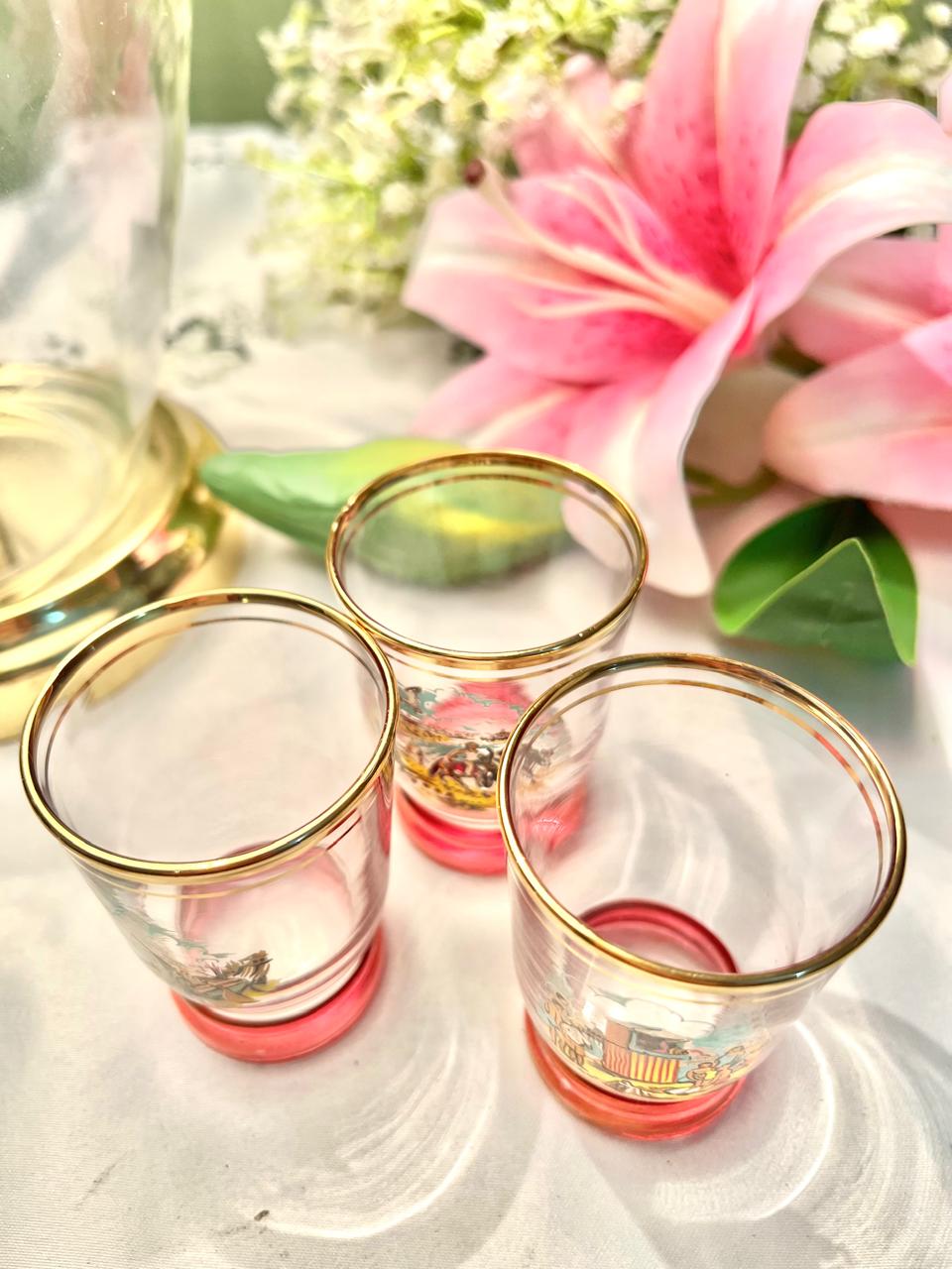 Vintage Scenic Crystal Tumblers Pink Base Set of 3
