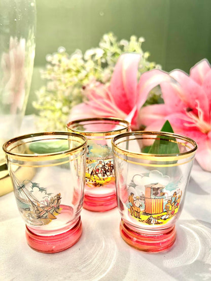 Vintage Scenic Crystal Tumblers Pink Base Set of 3