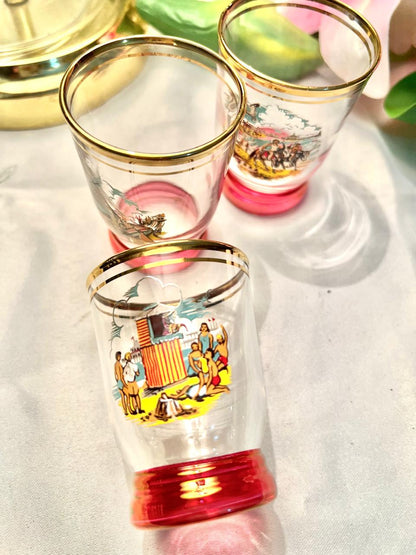 Vintage Scenic Crystal Tumblers Pink Base Set of 3