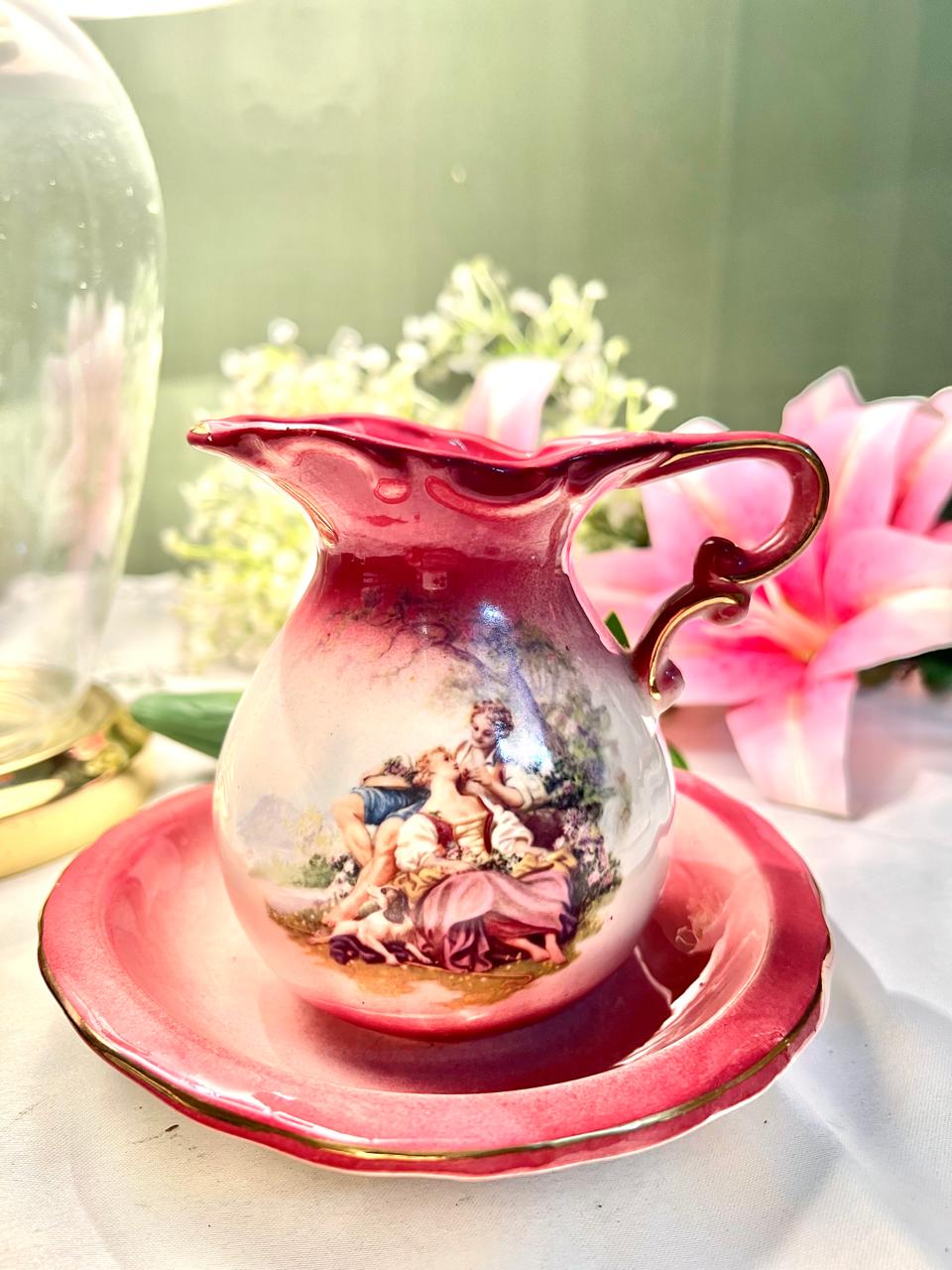 RARE FIND Pink Scenic Jug & Plate Set 2 Piece