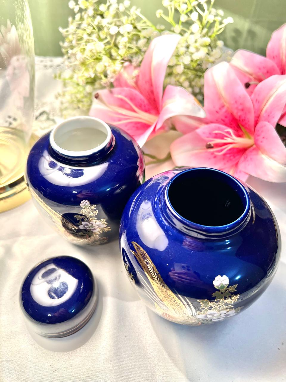 RARE FIND Cobalt Blue Bird & Floral Ginger Jars Set of 2