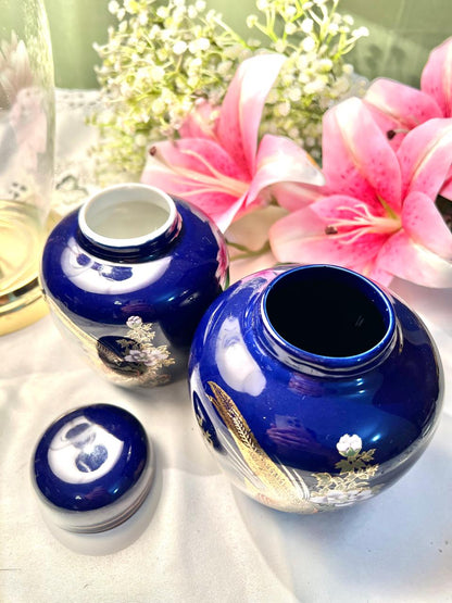 RARE FIND Cobalt Blue Bird & Floral Ginger Jars Set of 2