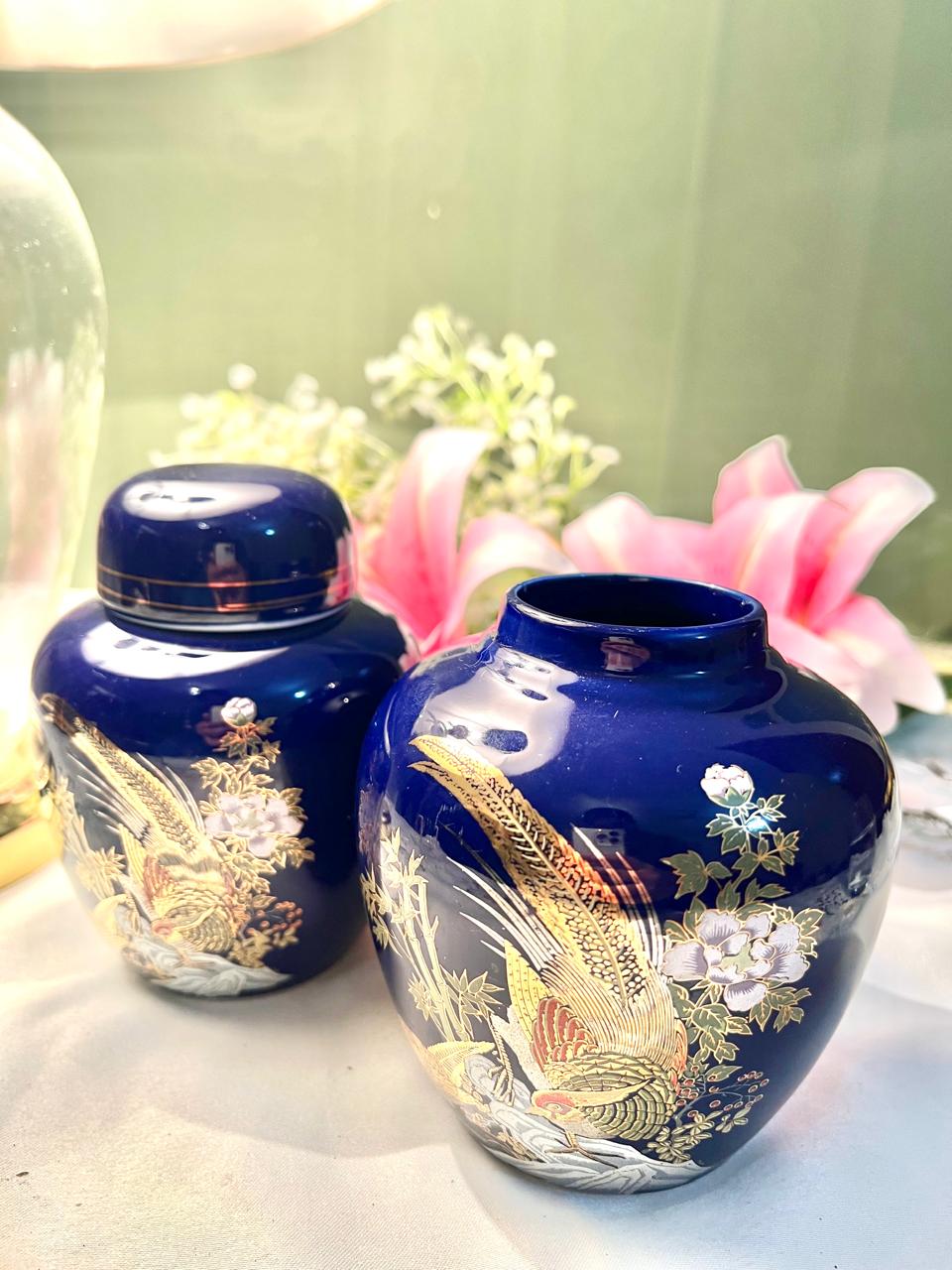 RARE FIND Cobalt Blue Bird & Floral Ginger Jars Set of 2