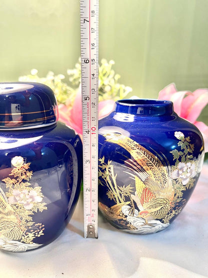 RARE FIND Cobalt Blue Bird & Floral Ginger Jars Set of 2