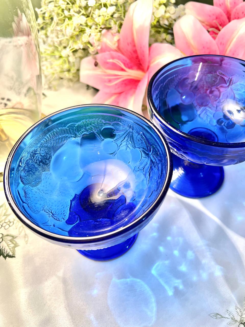Vintage Cobalt Blue Crystal Pedestal Bowls Set of 2 5 in