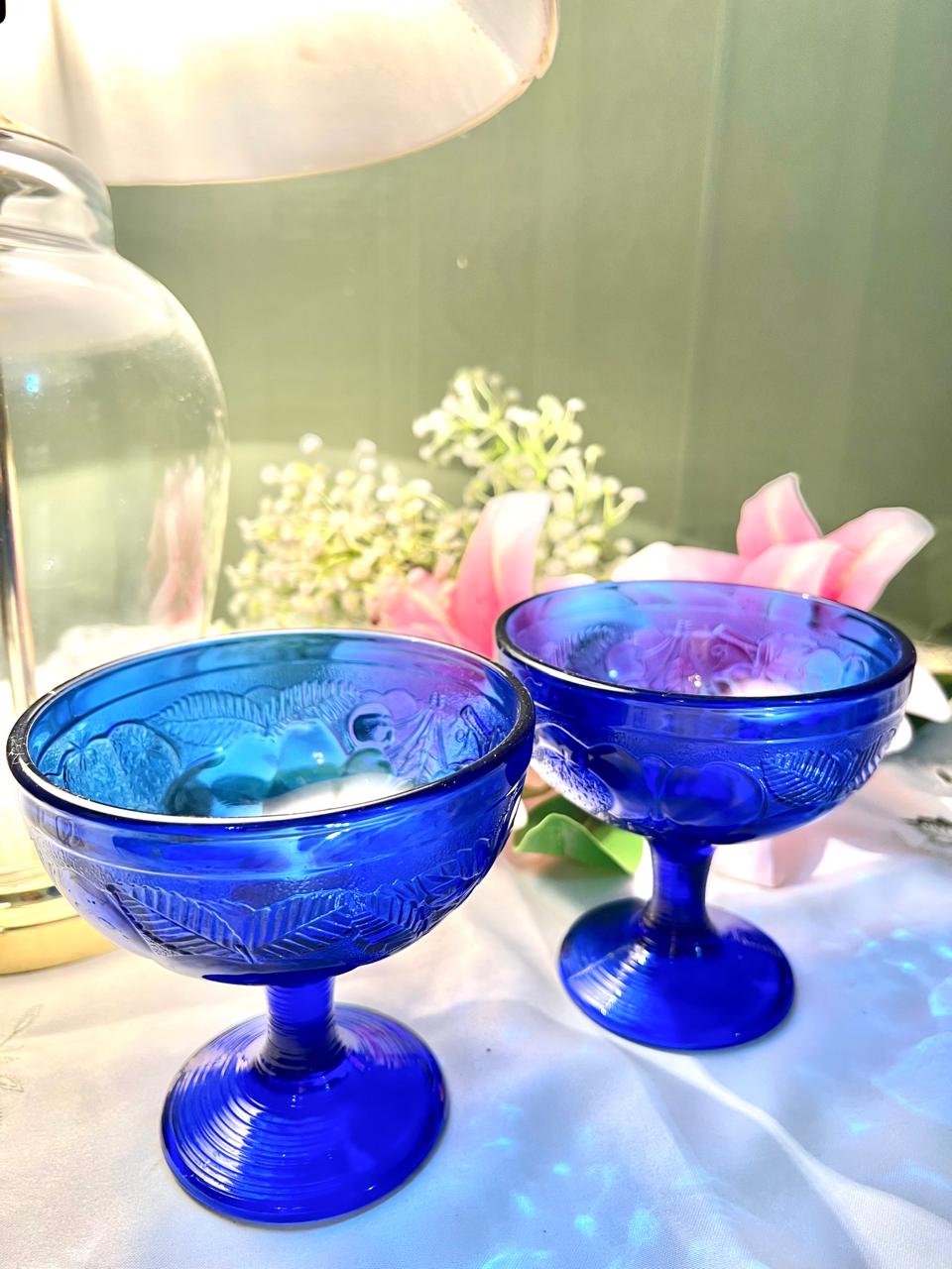 Vintage Cobalt Blue Crystal Pedestal Bowls Set of 2 5 in