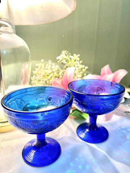 Vintage Cobalt Blue Crystal Pedestal Bowls Set of 2 5 in