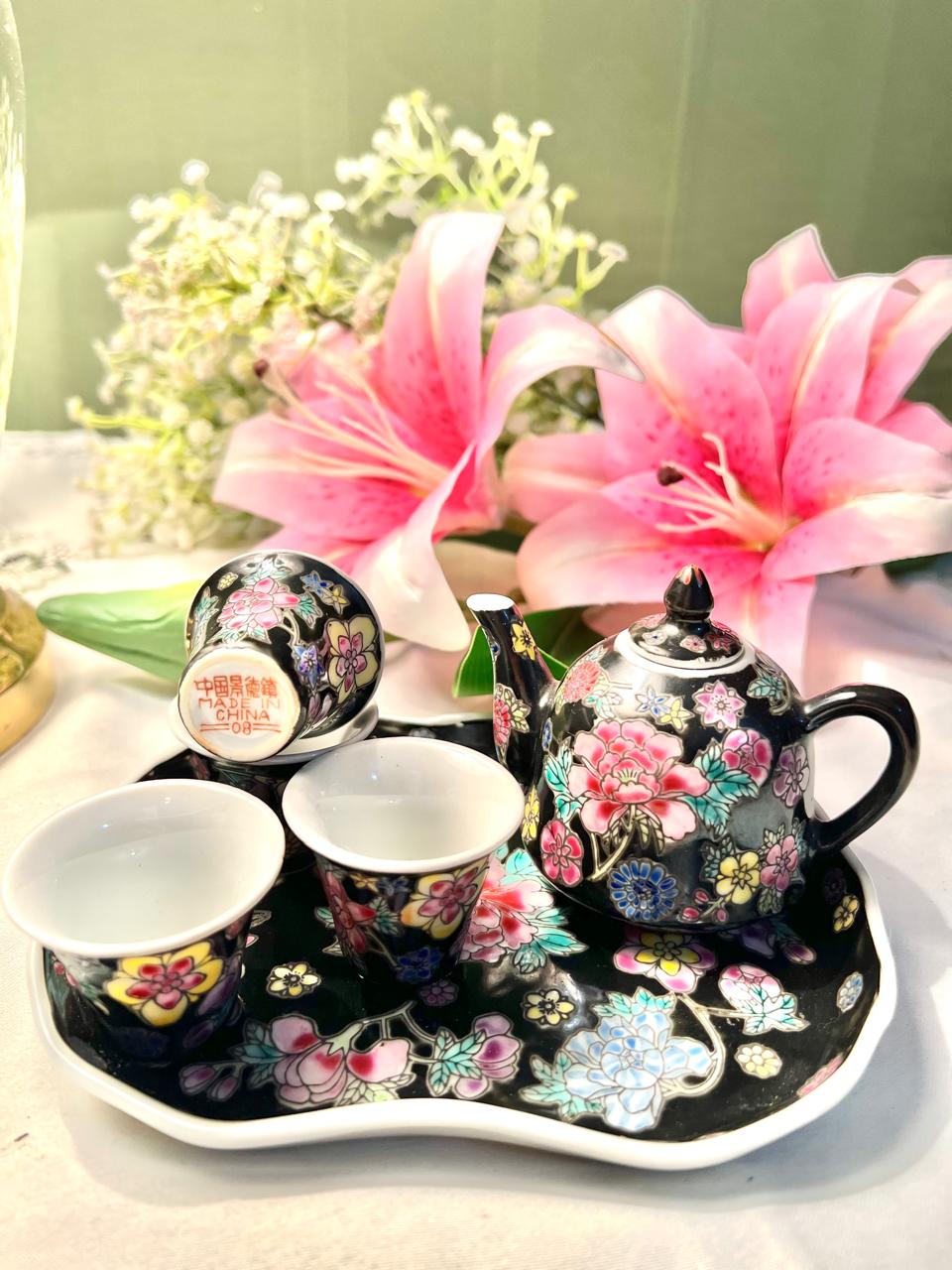 Miniature Black Floral Tea Set with Tray 6 Piece