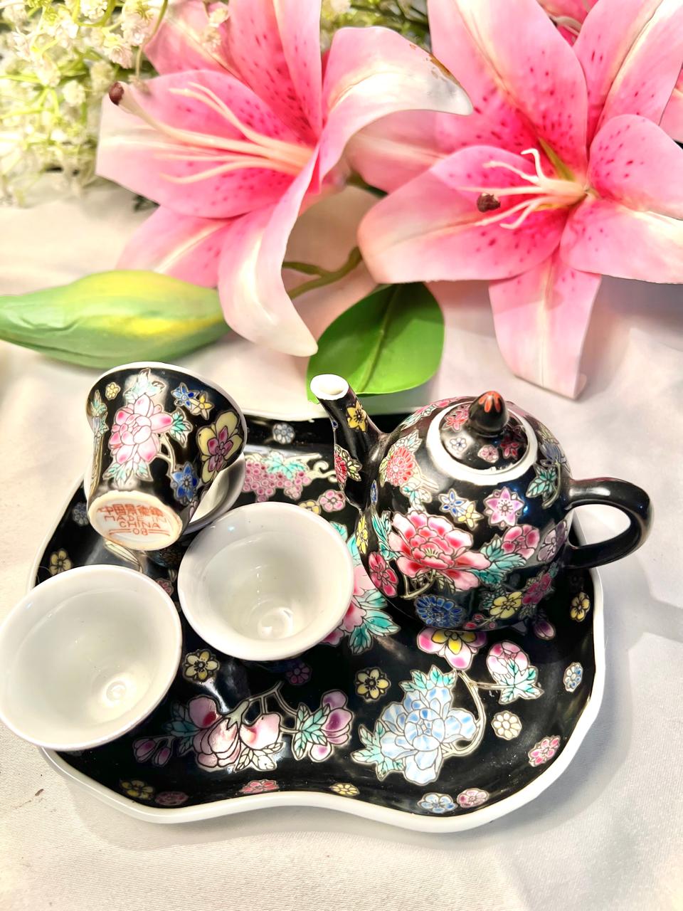 Miniature Black Floral Tea Set with Tray 6 Piece