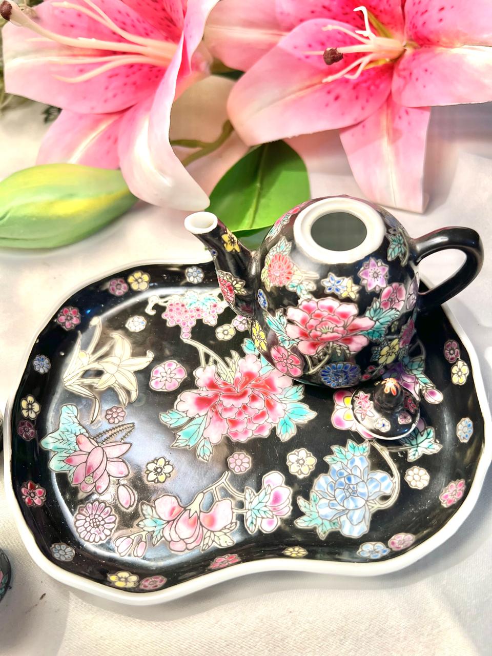 Miniature Black Floral Tea Set with Tray 6 Piece