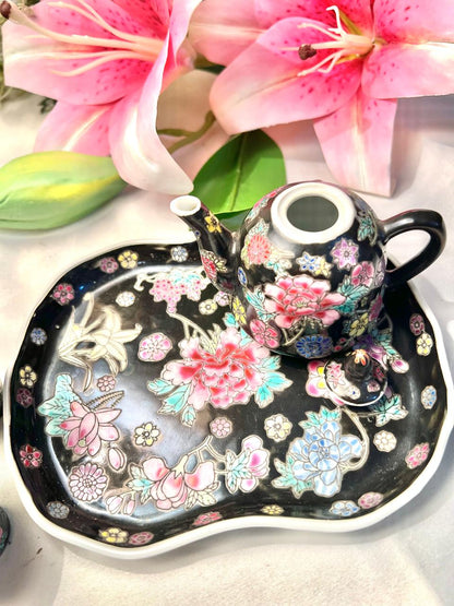 Miniature Black Floral Tea Set with Tray 6 Piece