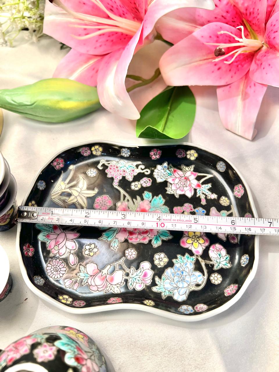 Miniature Black Floral Tea Set with Tray 6 Piece