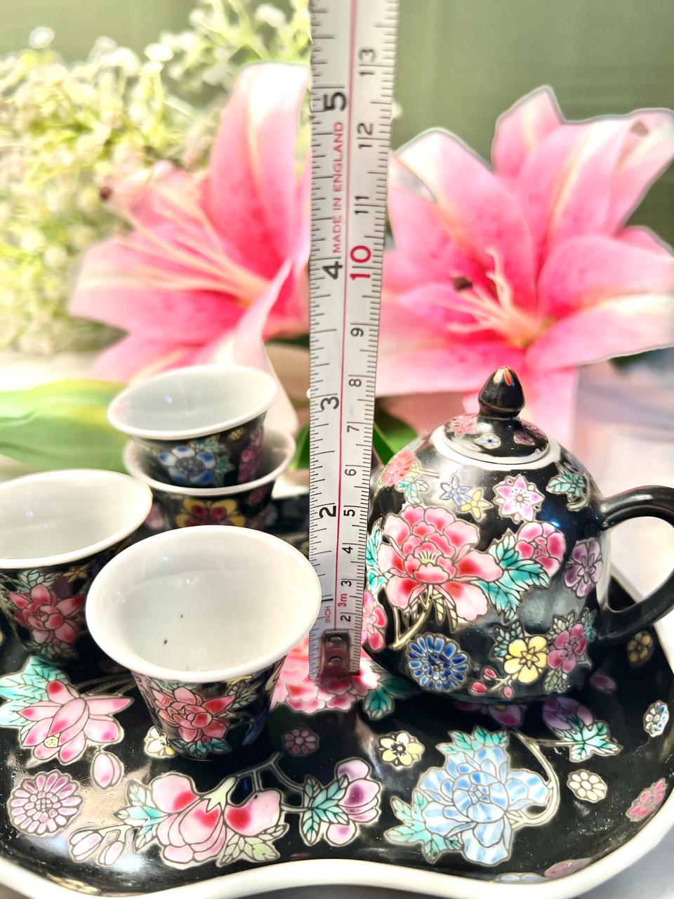 Miniature Black Floral Tea Set with Tray 6 Piece