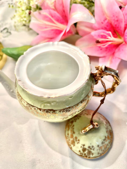 Vintage Green Floral Teapot Gold-Tone Handle 4.5 in