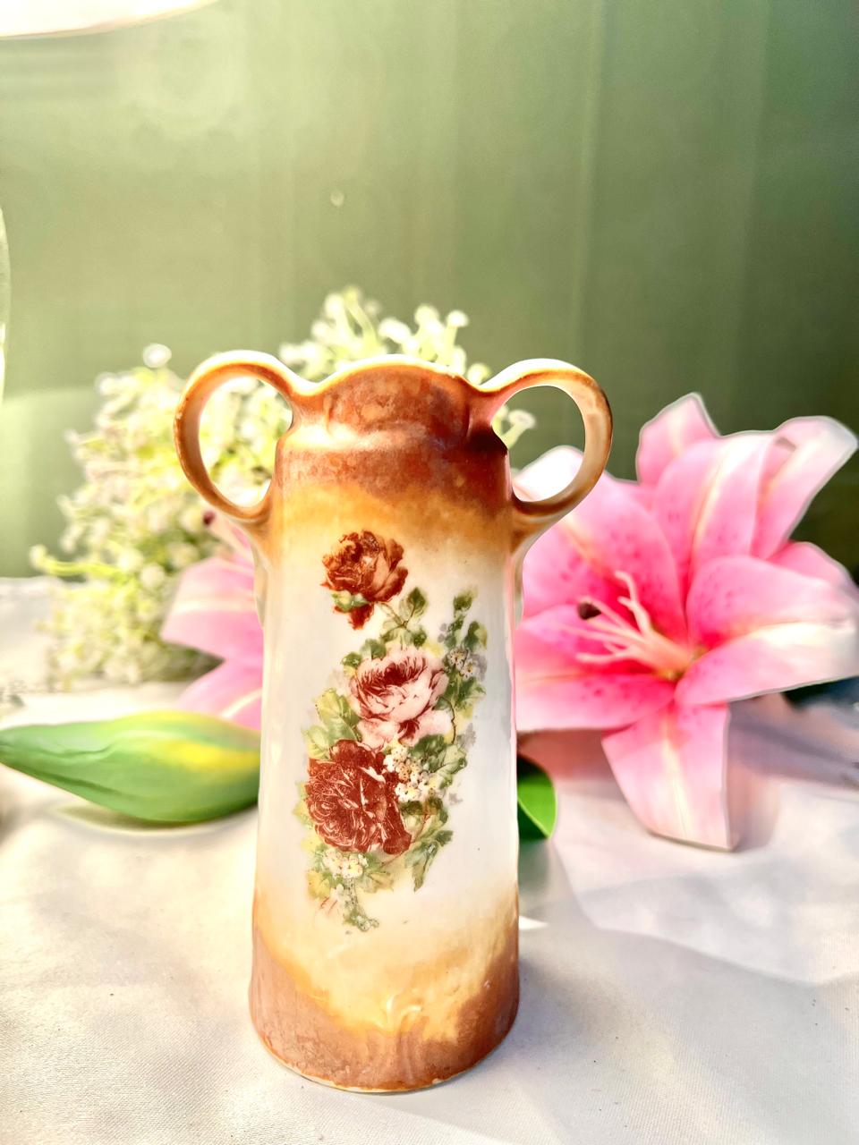 Vintage Cream & Brown Rose Vase Double Handle 5.5 in