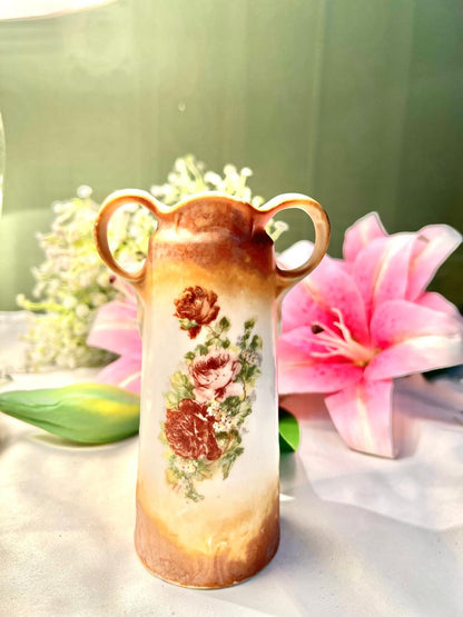 Vintage Cream & Brown Rose Vase Double Handle 5.5 in