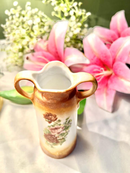 Vintage Cream & Brown Rose Vase Double Handle 5.5 in