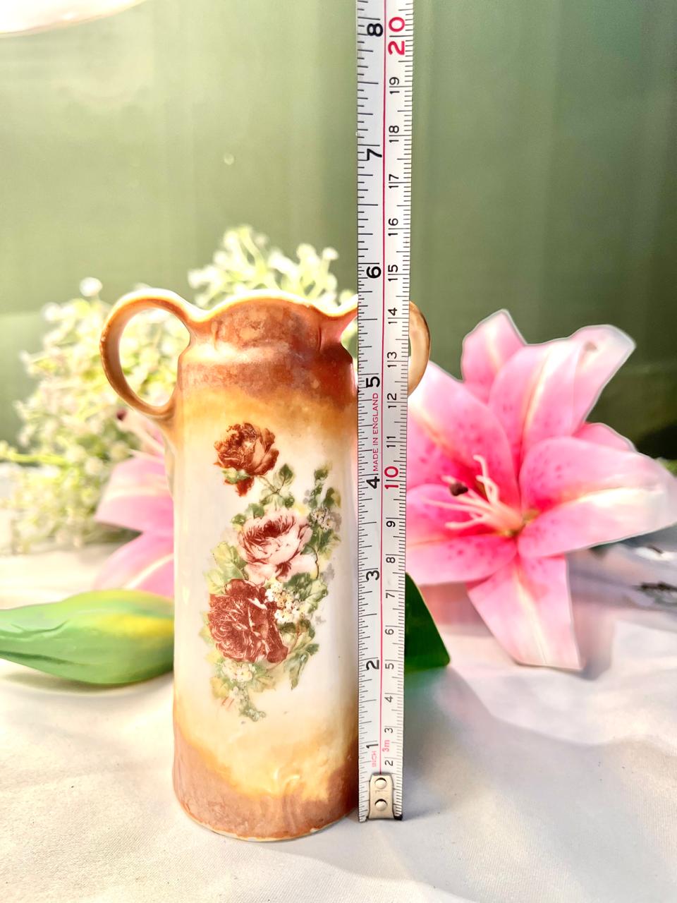 Vintage Cream & Brown Rose Vase Double Handle 5.5 in