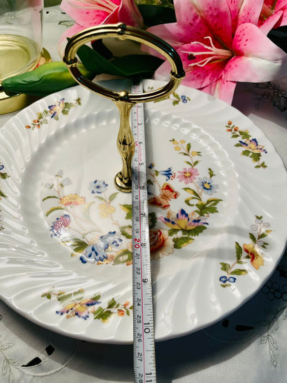 Aynsley Cottage Garden Bone China Serving Tier Platter with Gold Handle – 10in