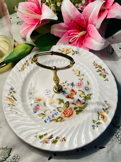Aynsley Cottage Garden Bone China Serving Tier Platter with Gold Handle – 10in