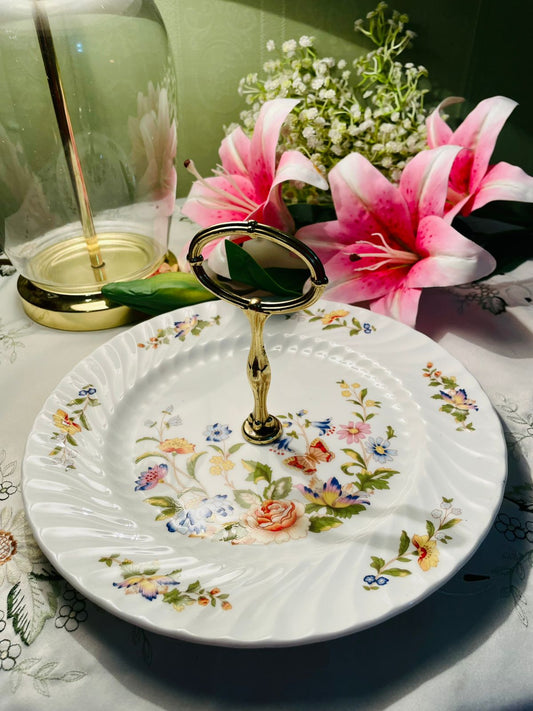 Aynsley Cottage Garden Bone China Serving Tier Platter with Gold Handle – 10in