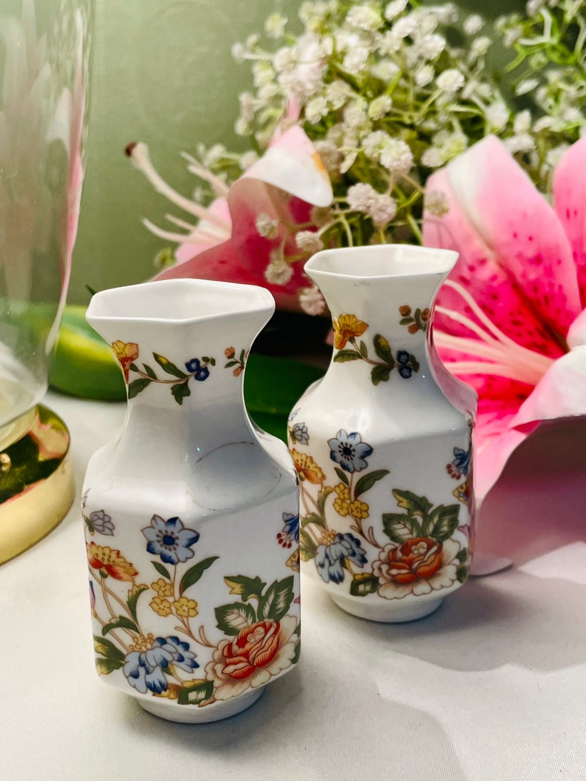 Aynsley Cottage Garden Floral Butterfly Vases Set of 2 4 in