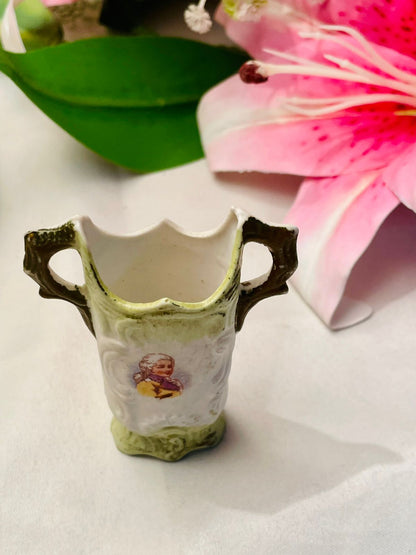 Vintage Miniature Portrait Jug Green & Cream