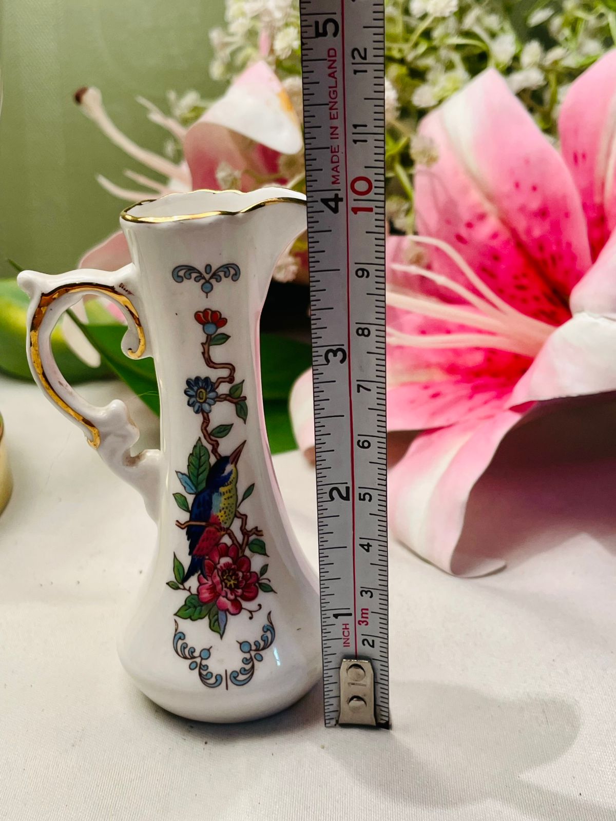 Aynsley White Bird & Floral Jug Gold Trim
