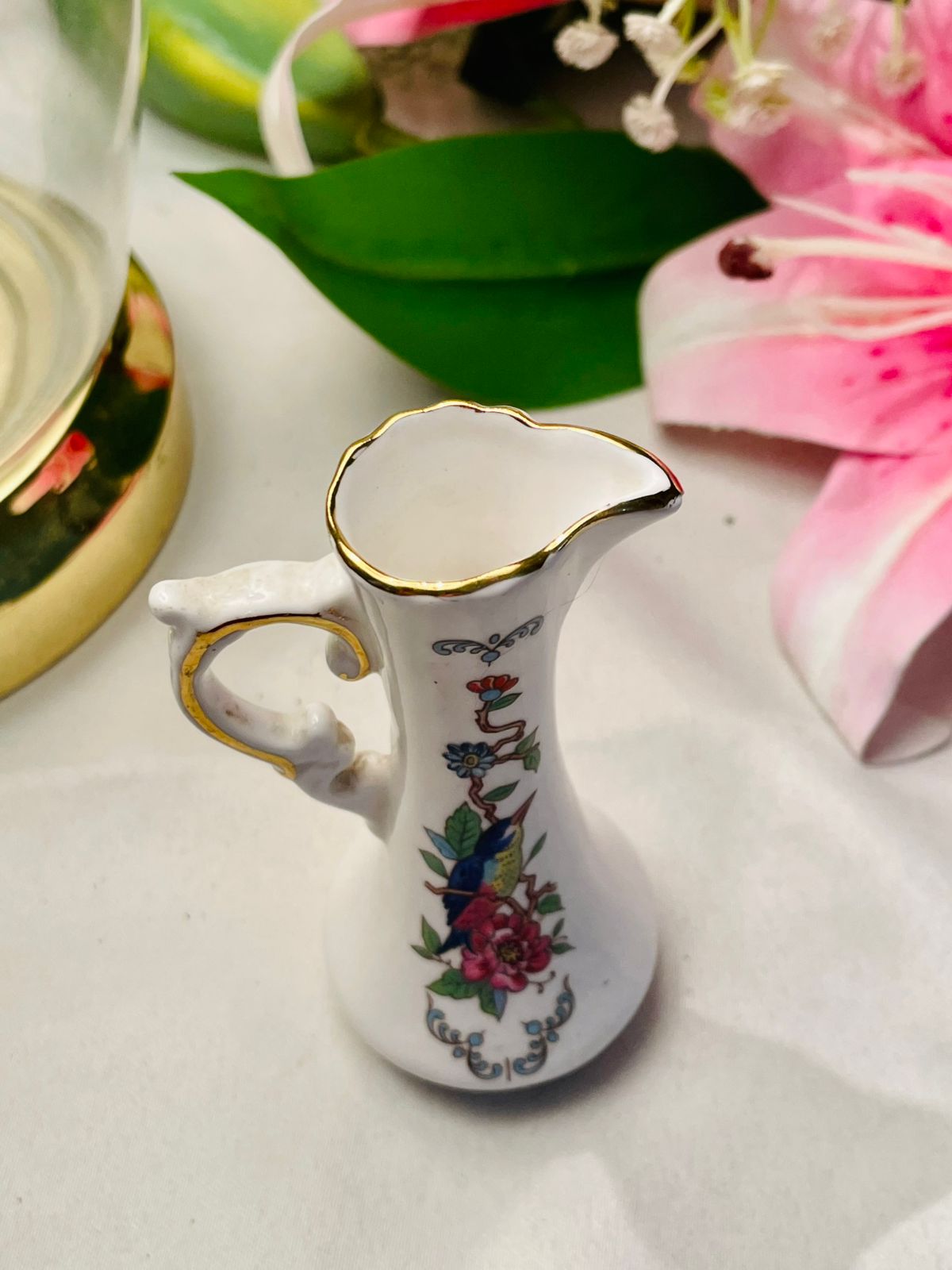 Aynsley White Bird & Floral Jug Gold Trim